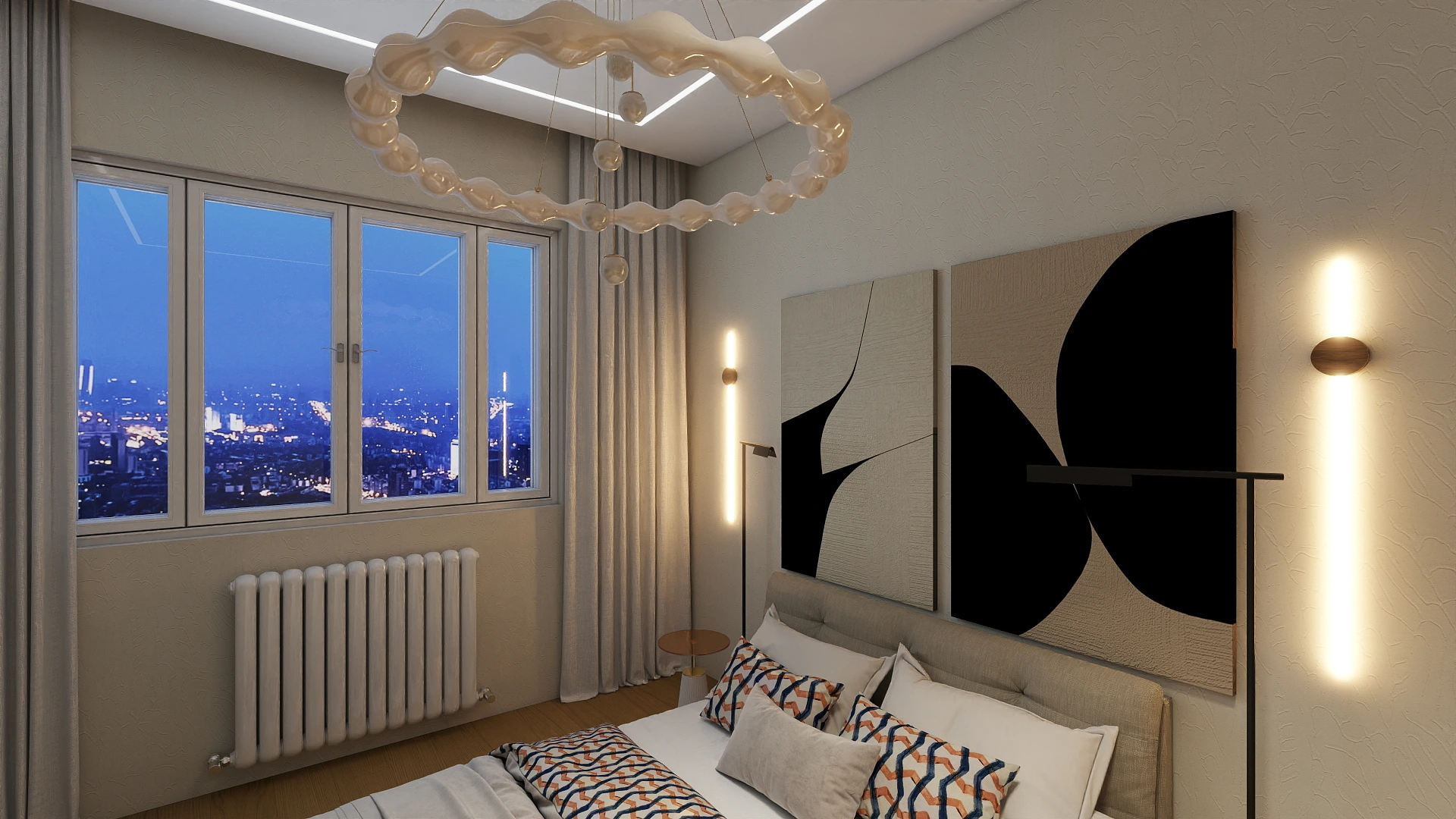 Chambre avec lit double et tableau design